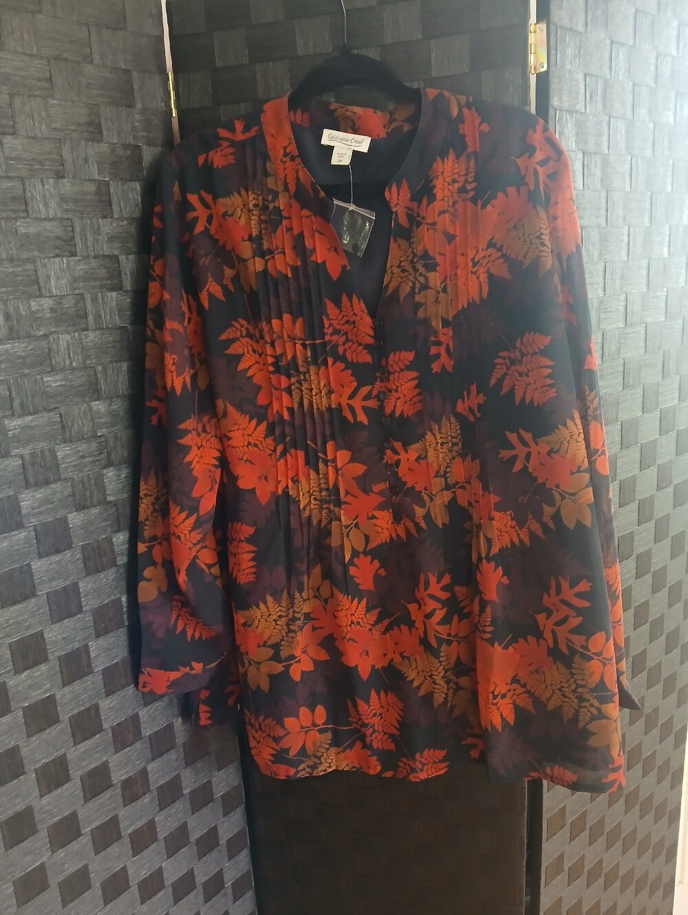 Coldwater Creek Black Blouse with Orange Floral Print Boho Fall Cottage Office